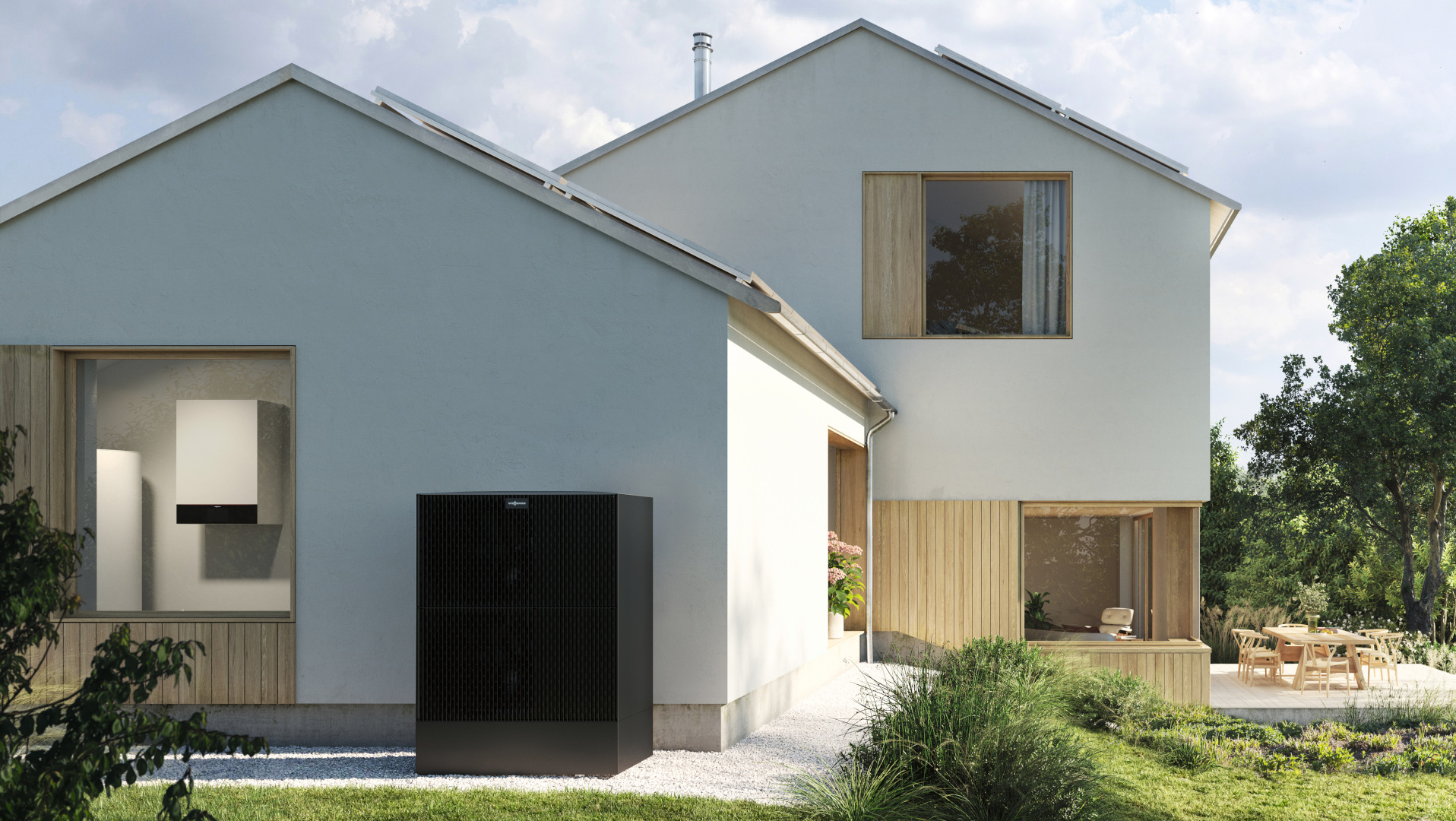 Viessmann Vitocal 250-A Wärmepumpe an einem modernen Einfamilienhaus